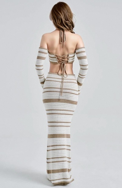 Women Black White Stripe 7007 Knit 2 Piece Skirt Set, Off Shoulder Halter Tie Cutout Crop Top + High Waist Mermaid Maxi Long Skirt, Hollow Out Beach Vacation Matching Two Piece Outfit view 7