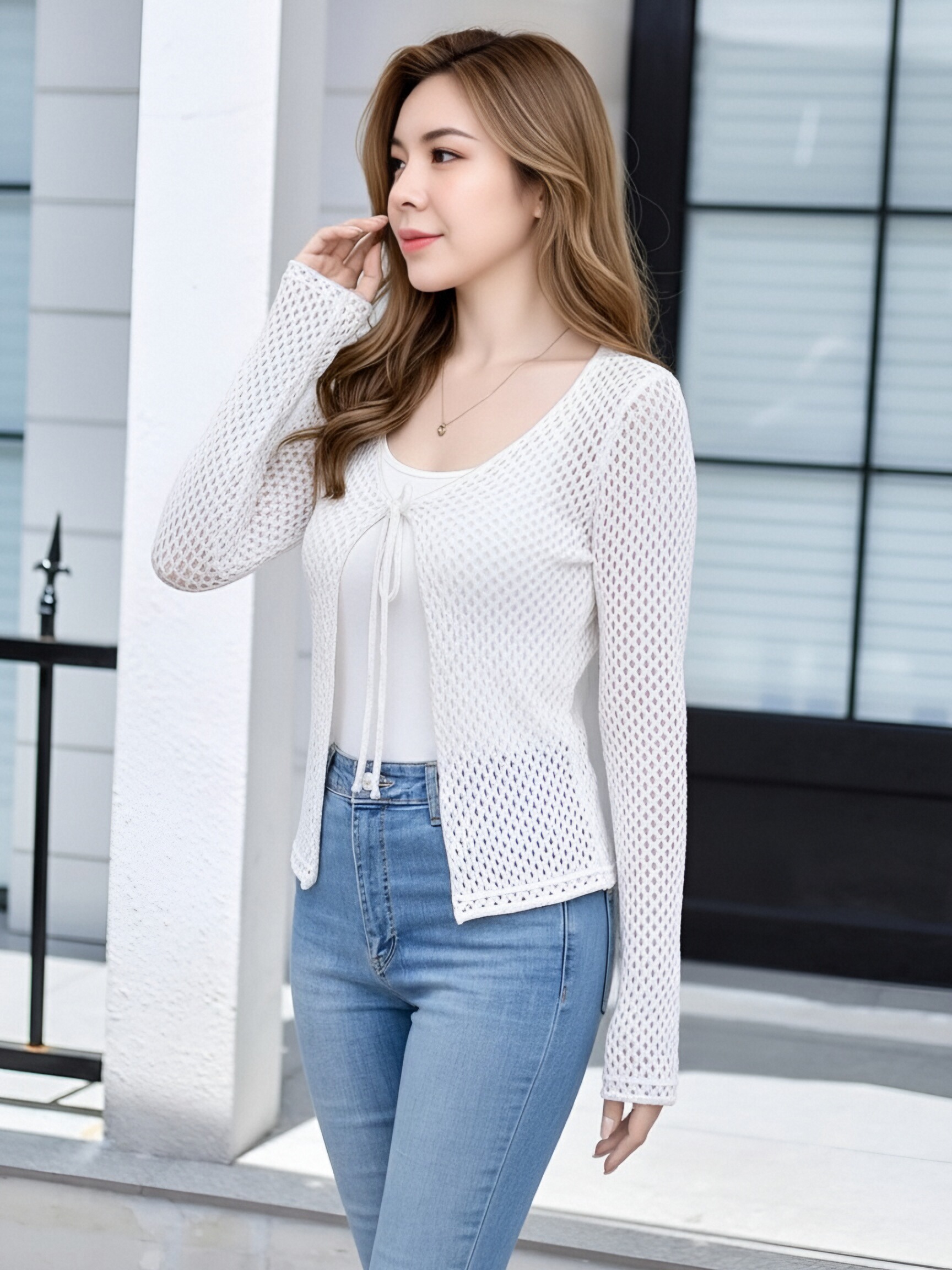 Women White Hollow Mesh Knit Cardigan, Front Tie Up Long Sleeve Sheer Knit Cover Up, Summer Lightweight Crochet Layering Shrug Top view 5