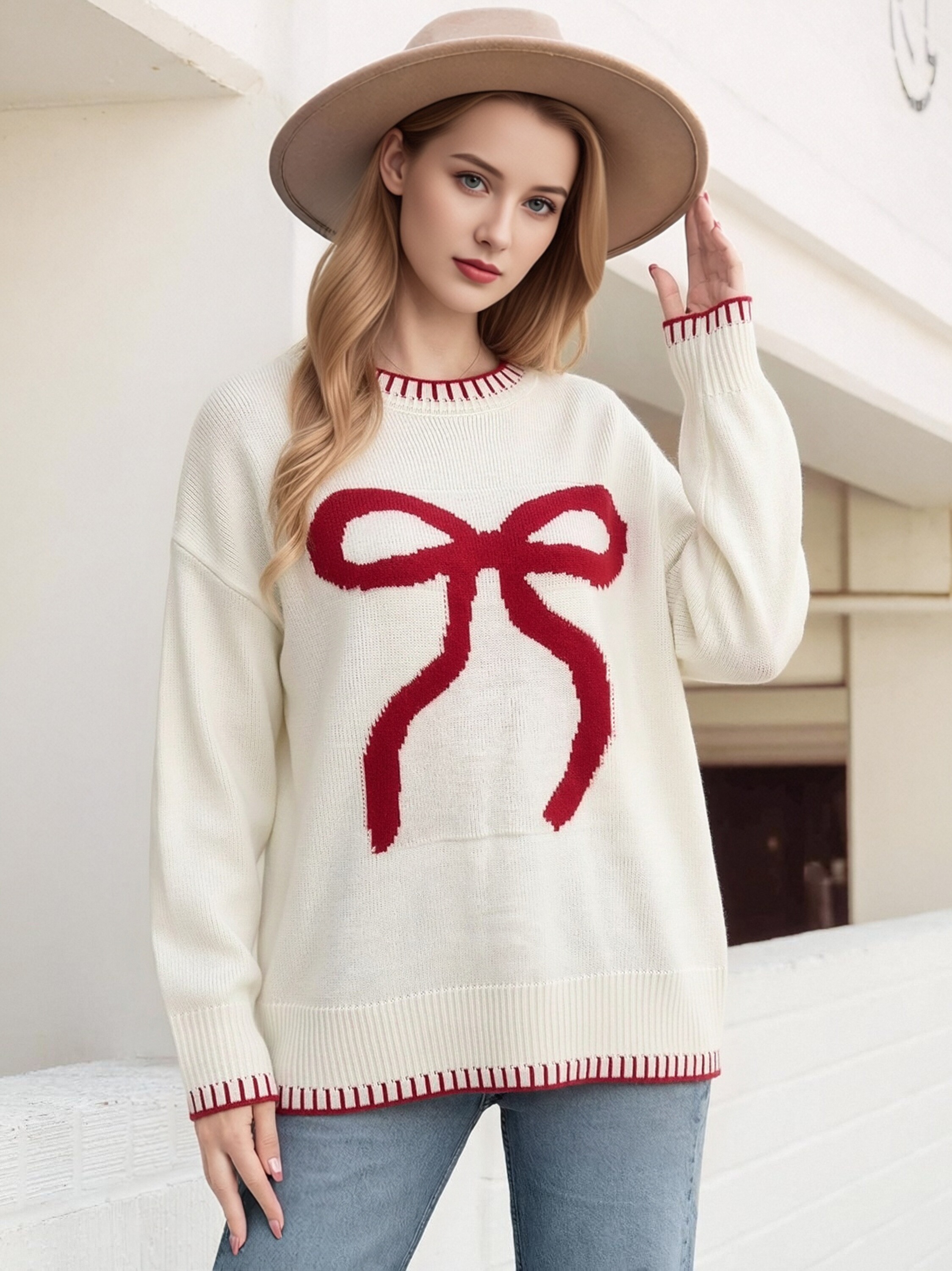 Women Oversized Crew Neck Knit Sweater Cute Big Bow Pattern Contrast Stitch Long Sleeve Loose Pullover Casual Daily Knit Top