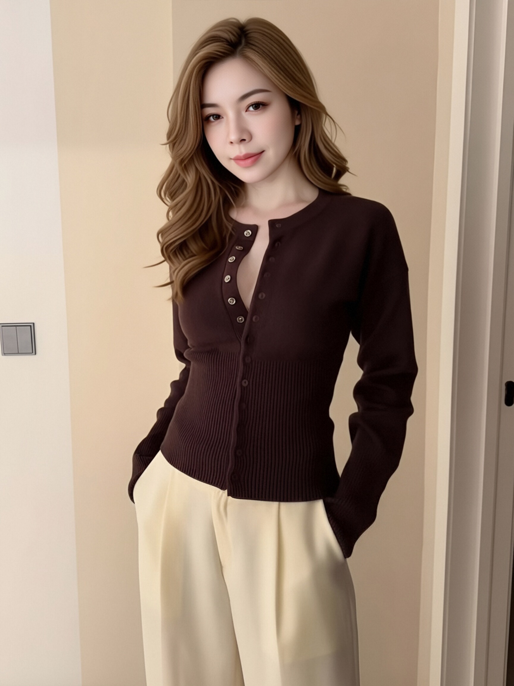 Women Cream Double Row Button Knit Cardigan, Round Neck Flare Long Sleeve Slim Waist Cropped Knit Top, Vintage Solid Color Fitted Knit Outerwear view 5