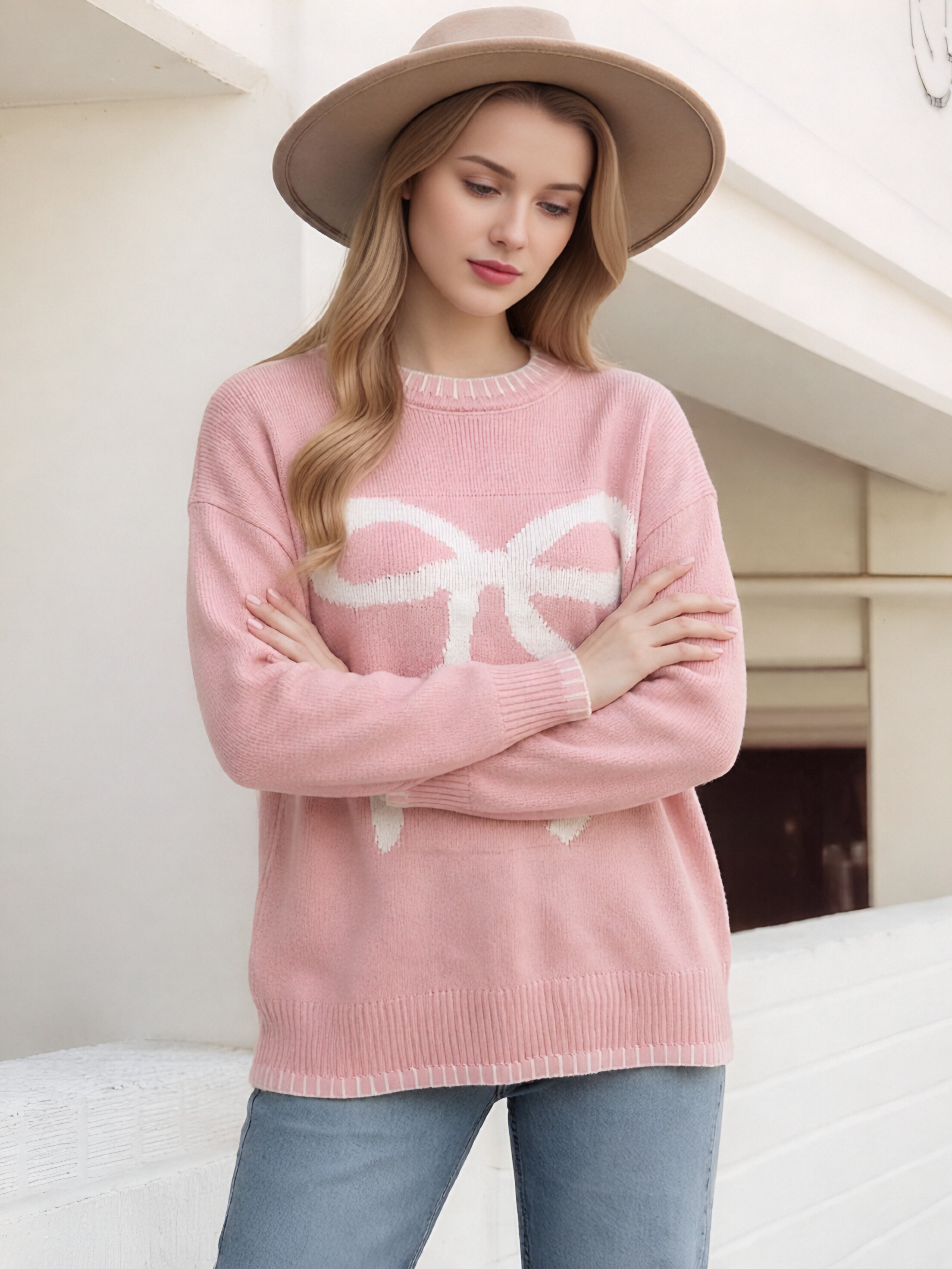 Women Oversized Crew Neck Knit Sweater Cute Big Bow Pattern Contrast Stitch Long Sleeve Loose Pullover Casual Daily Knit Top view 5