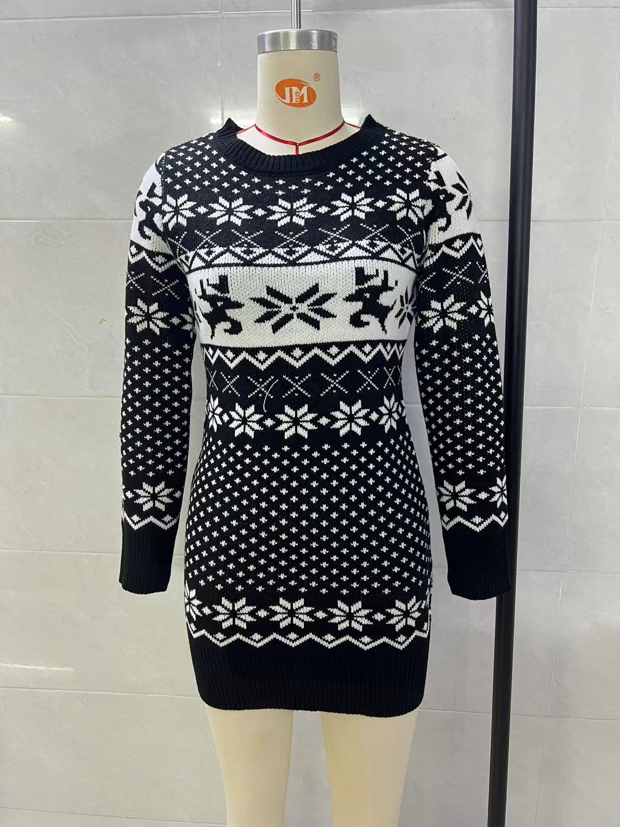 Women Christmas Reindeer Snowflake Knit Mini Dress, Crew Neck Long Sleeve Bodycon Sweater Dress, Fall Winter Holiday Party Short Knit Dress view 11