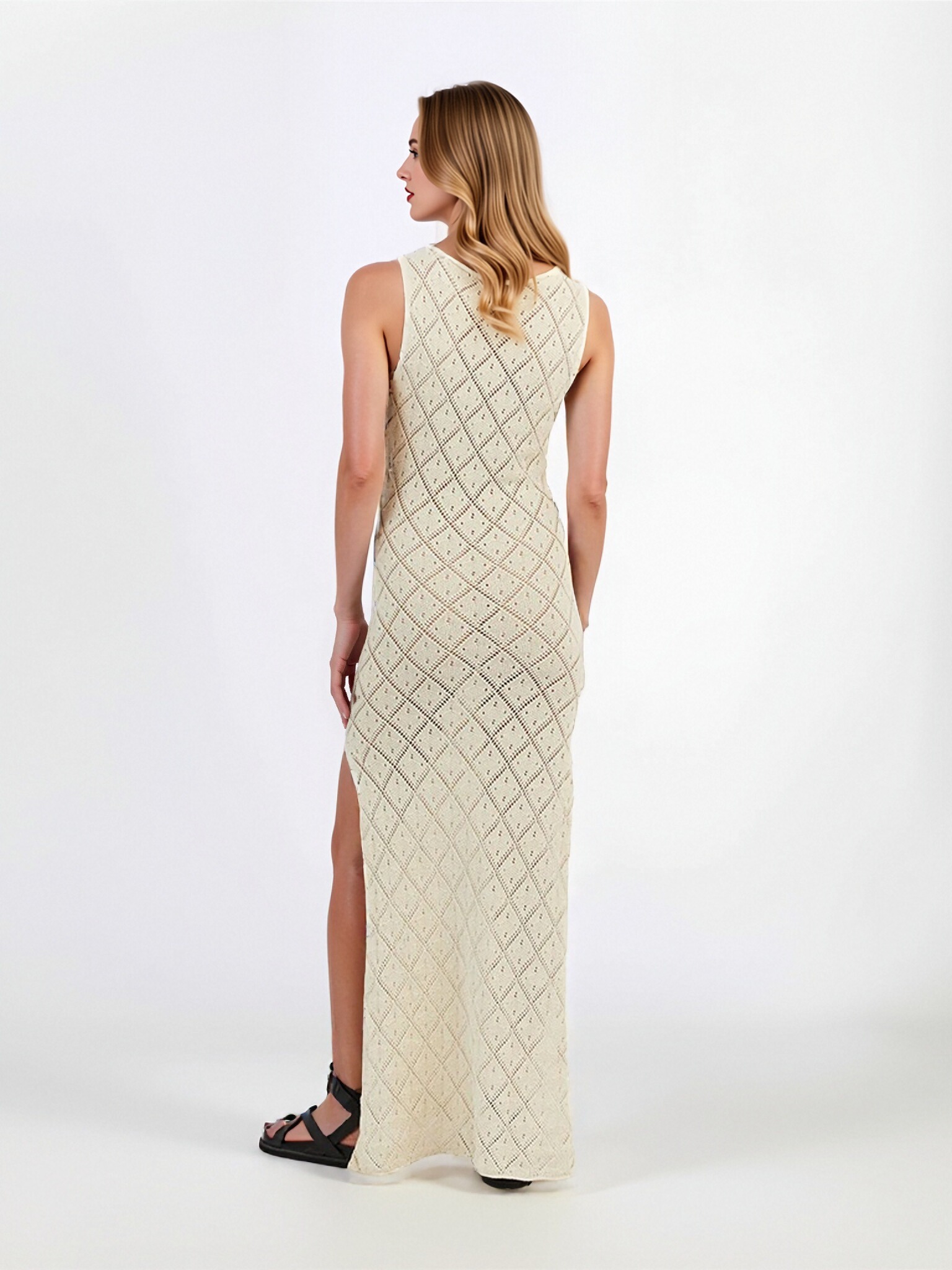 Women Sleeveless Hollow Diamond Knit Maxi Dress, Crew Neck Side Slit Bodycon Long Dress, Summer Beach Cover‑Up Crochet Tank Dress view 3