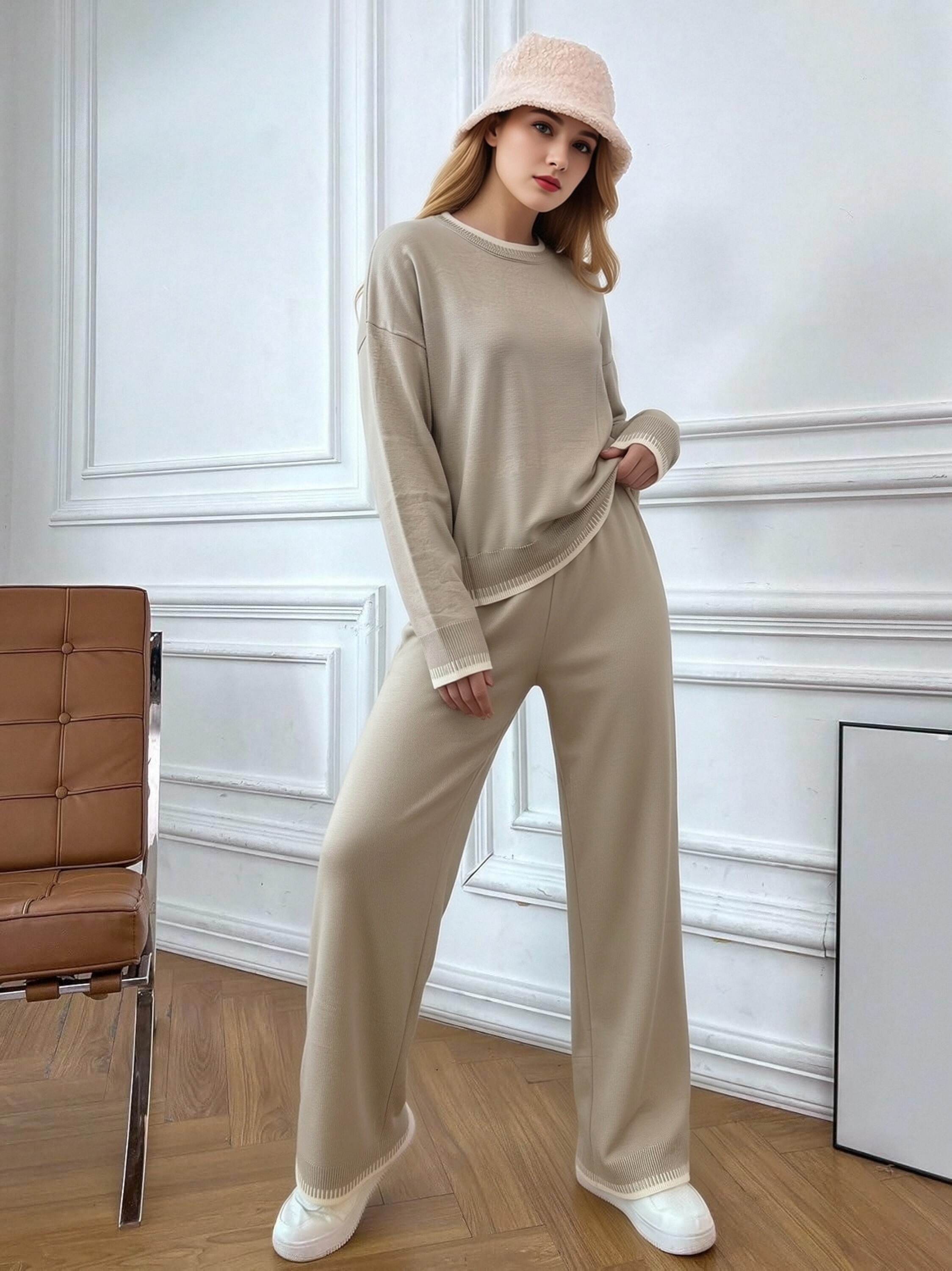 Women Contrast Stitch Knit Two Piece Outfit, Loose Crew Neck Long Sleeve Sweater & Wide Leg Pants Loungewear Set, Casual Soft Knitted Tracksuit view 5