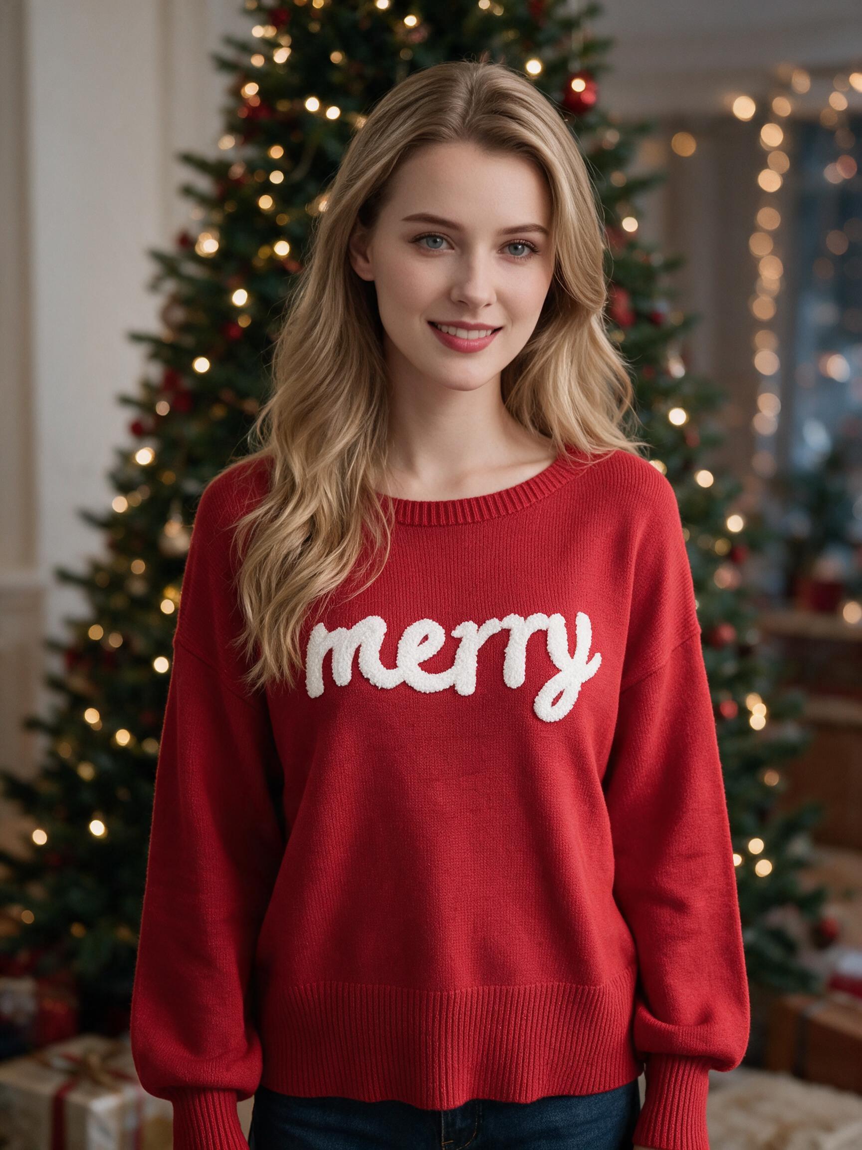 943 Women Merry Letter Chenille Patch Christmas Sweater, Crew Neck Long Sleeve Drop Shoulder Loose Knit Pullover, Fall Winter Holiday Casual Knit Top
