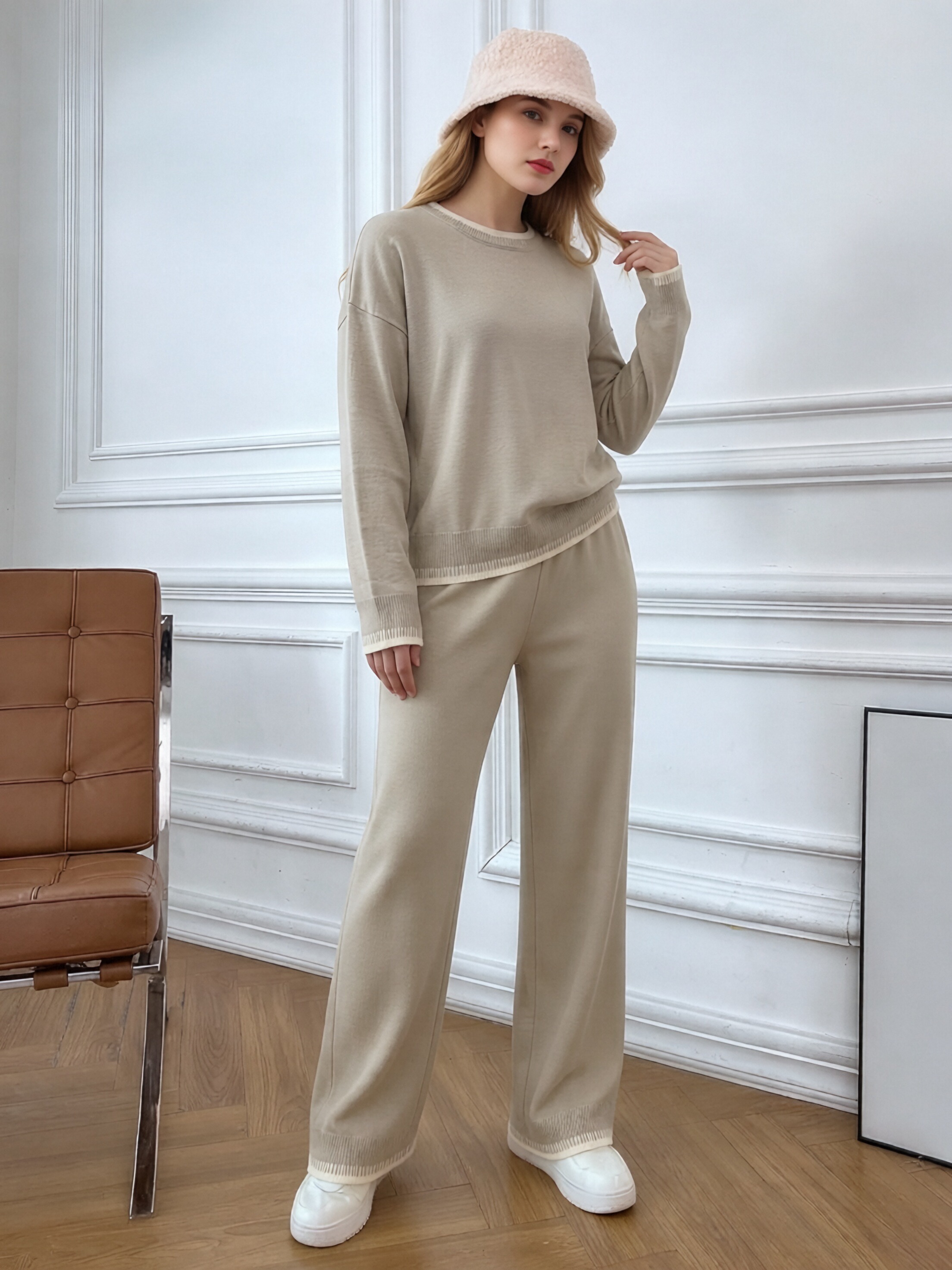 Women Contrast Stitch Knit Two Piece Outfit, Loose Crew Neck Long Sleeve Sweater & Wide Leg Pants Loungewear Set, Casual Soft Knitted Tracksuit view 7