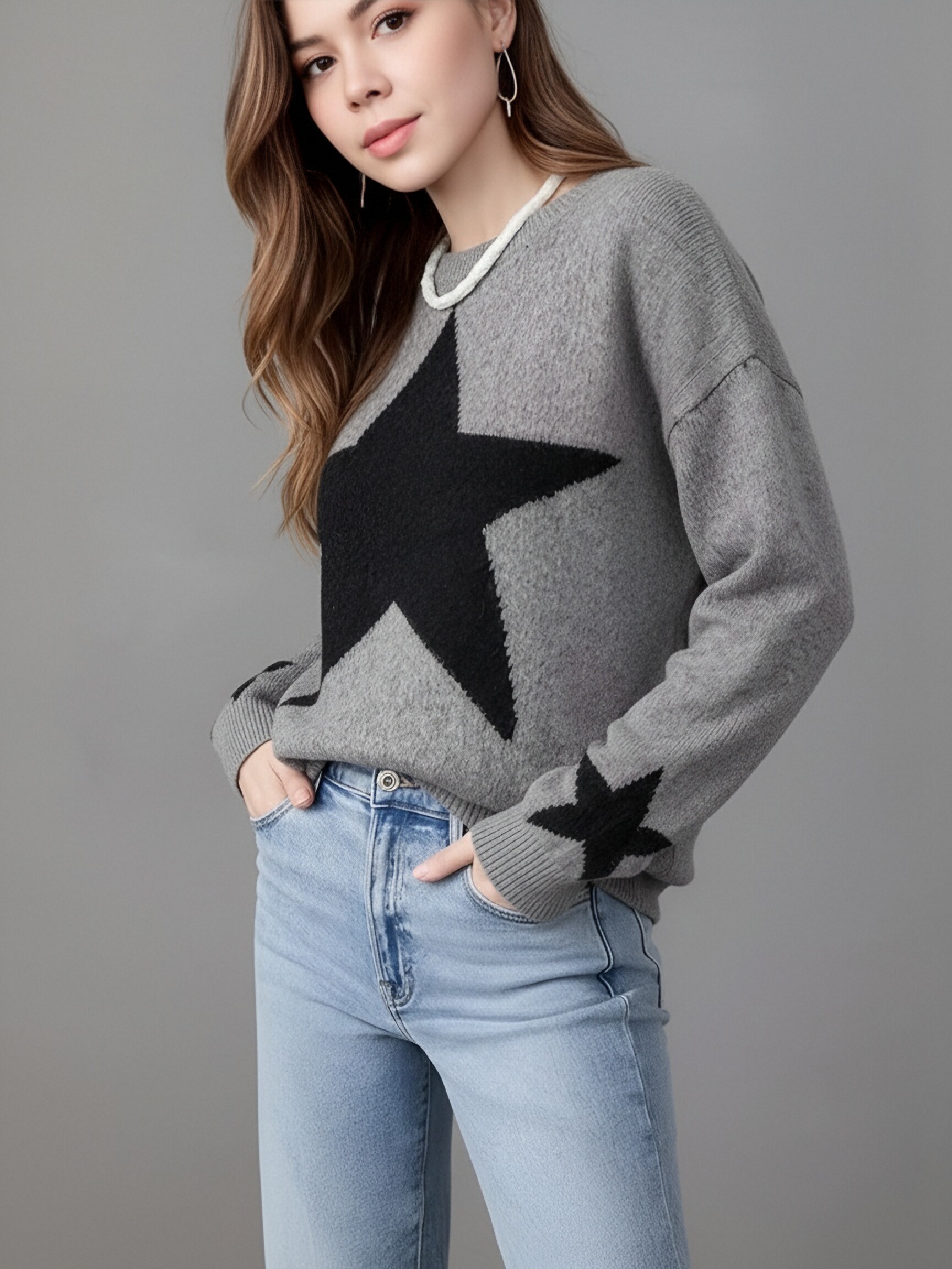 Women Star Pattern Knit Sweater,Oversized Drop Shoulder Crew Neck Pullover,Fall Winter Casual Jumper view 7