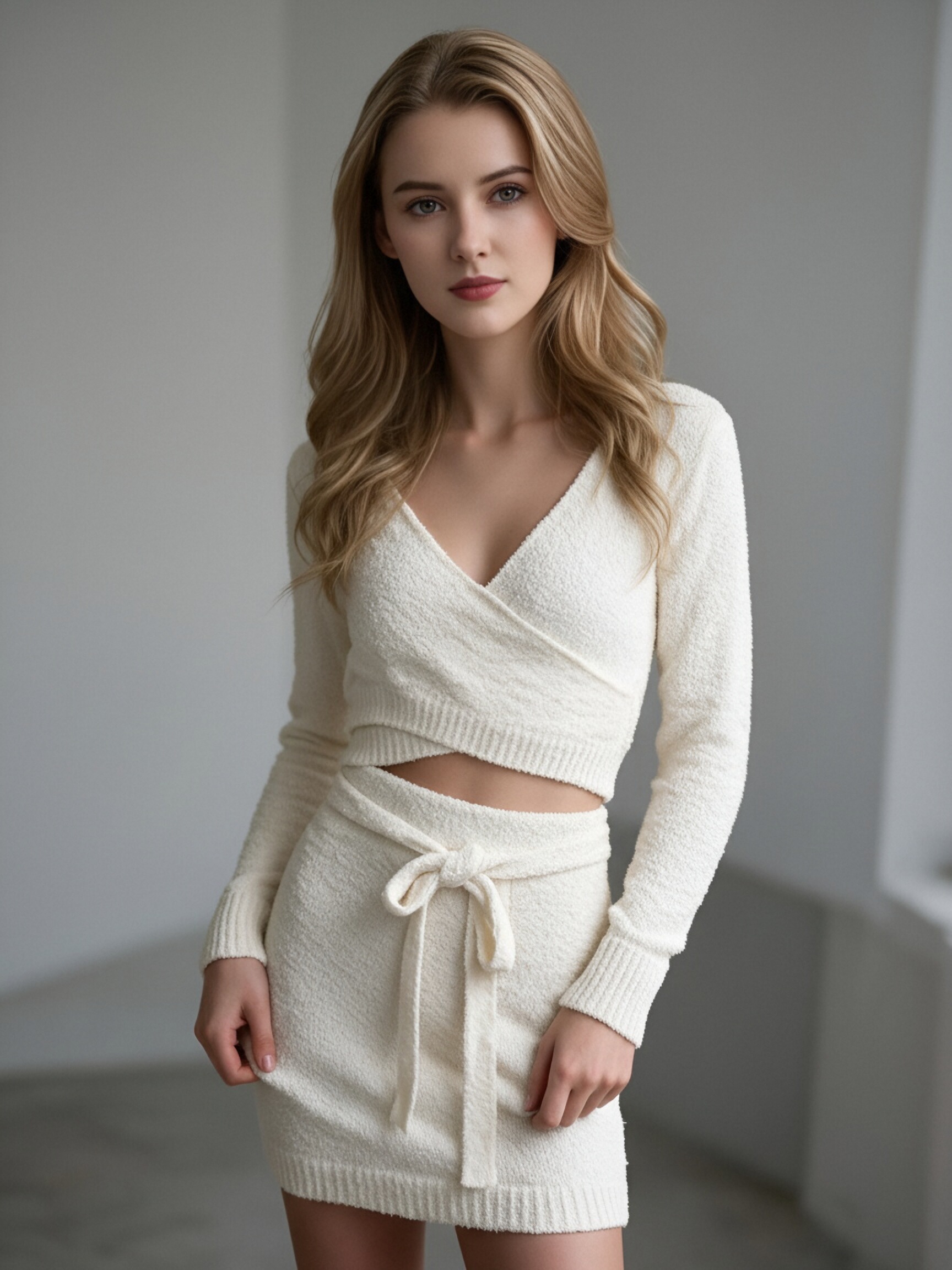 818 Women Wrap V‑Neck Long Sleeve Knit Two Piece Outfit, Crop Top + Tie Waist Mini Skirt Sweater Set, Soft Textured Knit Co‑ord Sets view 5
