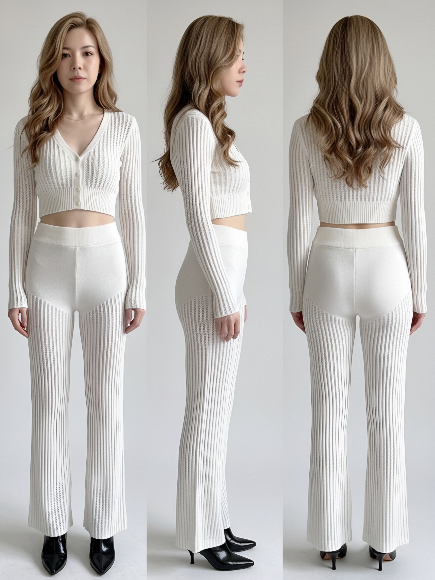 Women White Hollow Rib Knit 2 Piece Loungewear Set, V-Neck Button Long Sleeve Cropped Cardigan + High Waist Flared Knit Pants, Elegant Casual Matching Outfit view 5