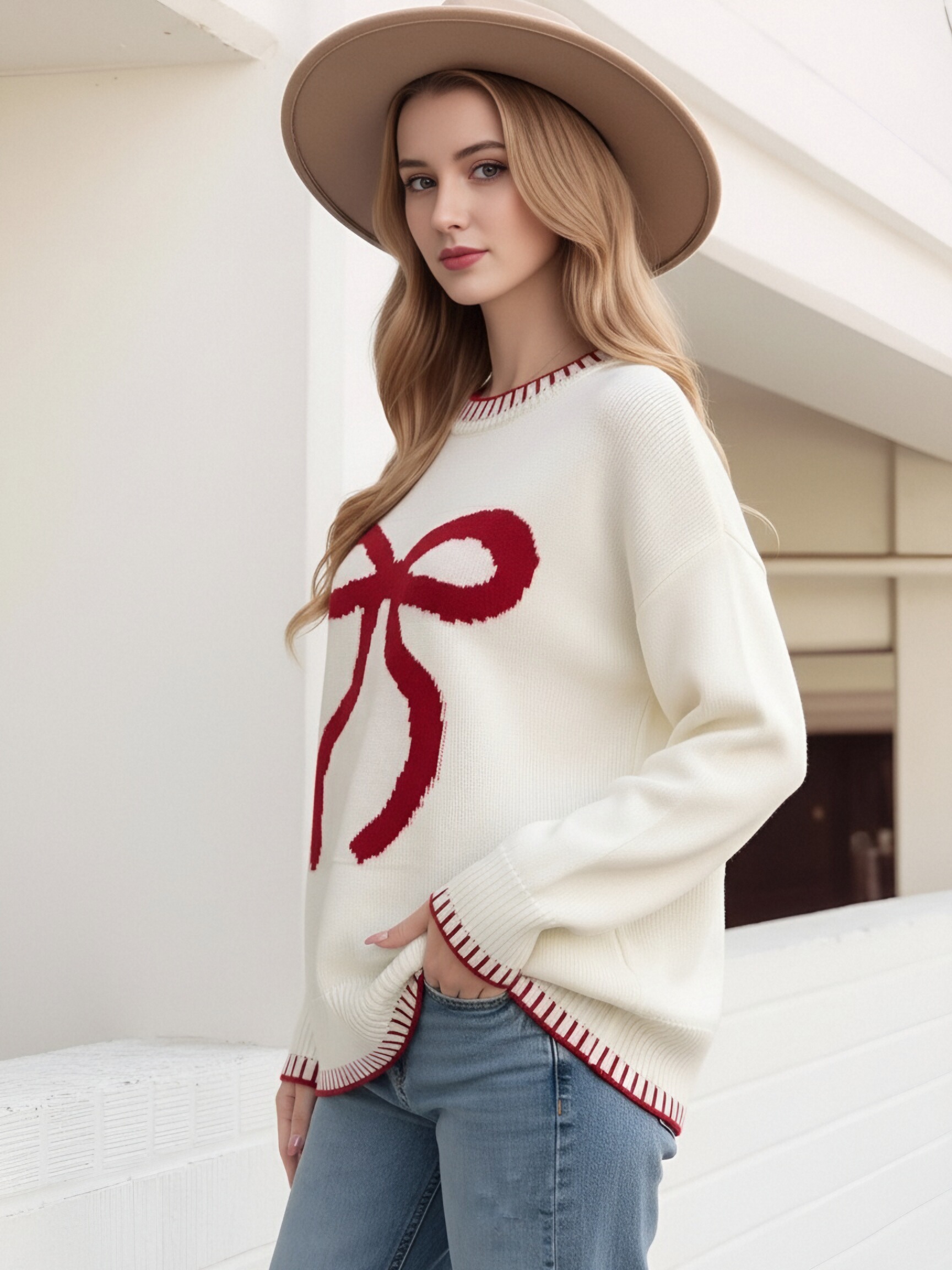 Women Oversized Crew Neck Knit Sweater Cute Big Bow Pattern Contrast Stitch Long Sleeve Loose Pullover Casual Daily Knit Top view 3